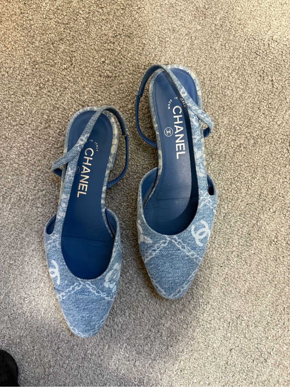 CHANEL Denim Blue Slingback Mules with CC Motif